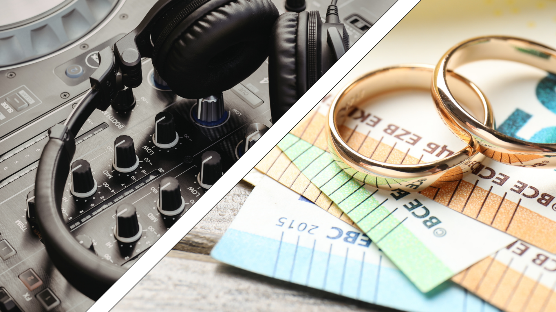 Aliance avec billets pour évoquer le coût du mariage et matériel DJ haut de gamme