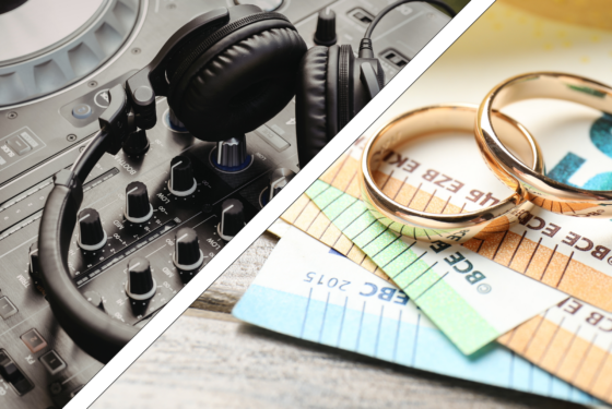Aliance avec billets pour évoquer le coût du mariage et matériel DJ haut de gamme