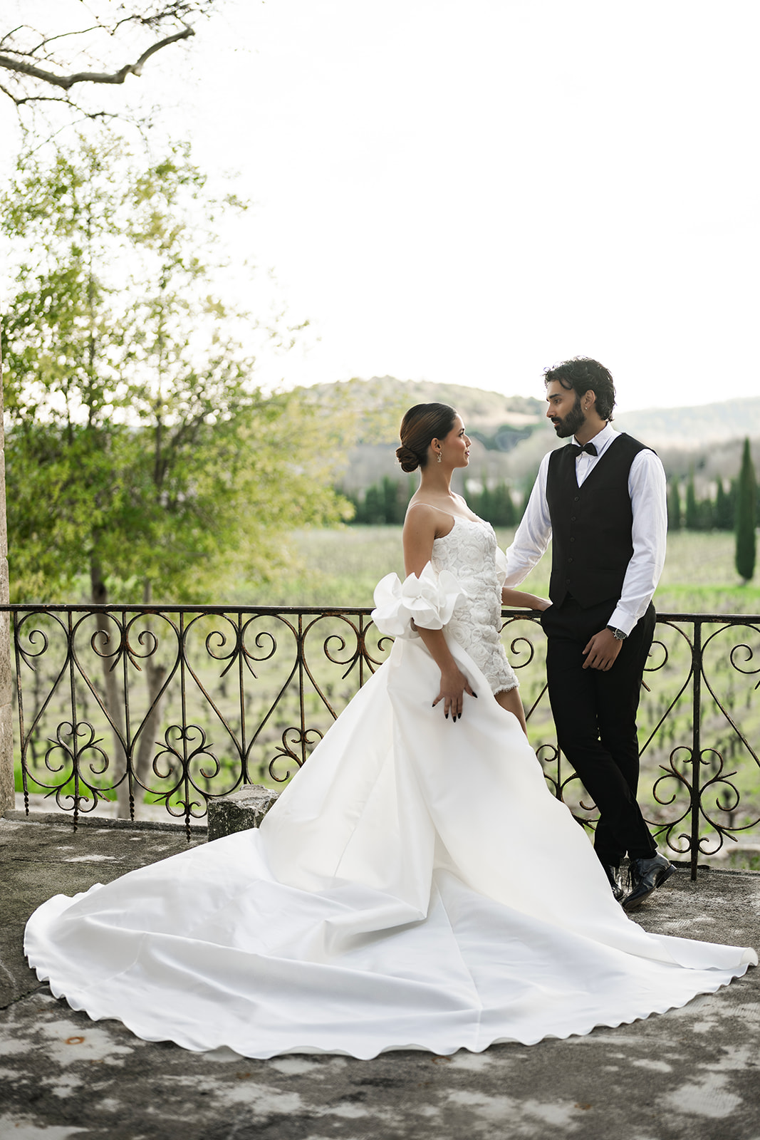 Mariés très élégants en Provence devant les vignes
